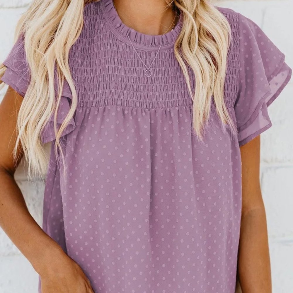 Gathered Ruffled Dotted Top Purple M